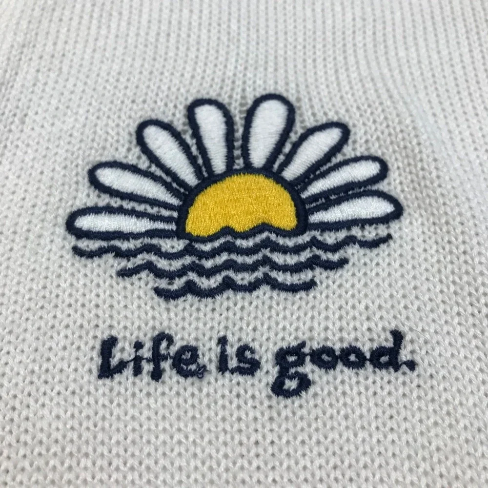 Life is Good Sweater Womens Size M White V-Neck Collared Daisy‎ Flower Pullover